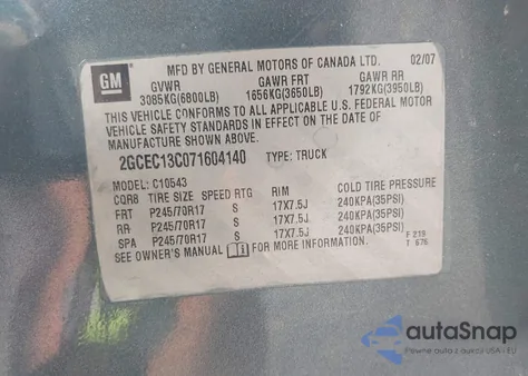 2007 Chevrolet Silverado 1500 Work Truck from USA, damaged, VIN 2GCEC13C071604140